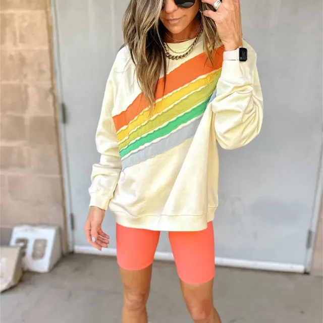 Apricot Rainbow Colorblock Striped Pullover Sweatshirt Beige - Shop at LoveMi