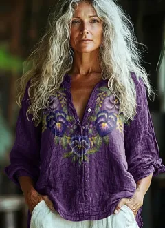Women's Vintage Violet Floral Print Cotton Linen Button Casual Shirt - Purple - View 1