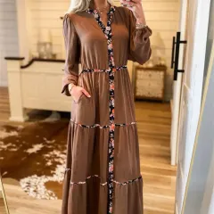 Chestnut Floral Patchwork Detail Notched Neck Long Sleeve Maxi Dress - Chestnut - View 1