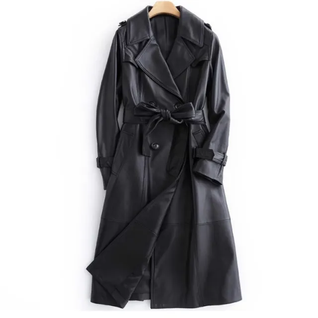 Black Long Tie Double Breasted Leather Wind Coat Black - Shop at LoveMi