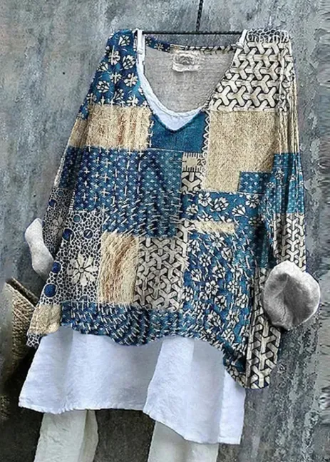 Blue Floral Patchwork Japanese Art Linen Blend Tunic - Blue