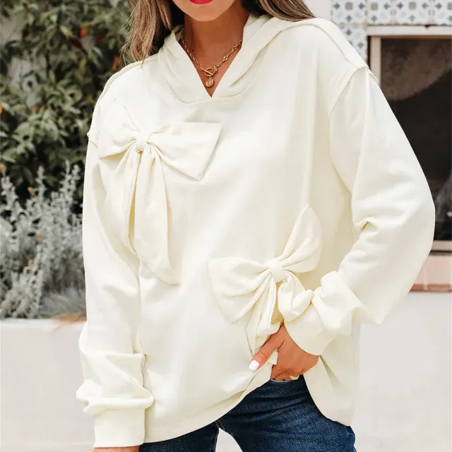 White Solid Color Cute Bow Detail Loose Hoodie White - Shop at LoveMi