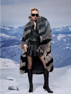 Faux Fur Coat With Tiger Pattern Fur And Long Artificial Hair - Grey - View 1