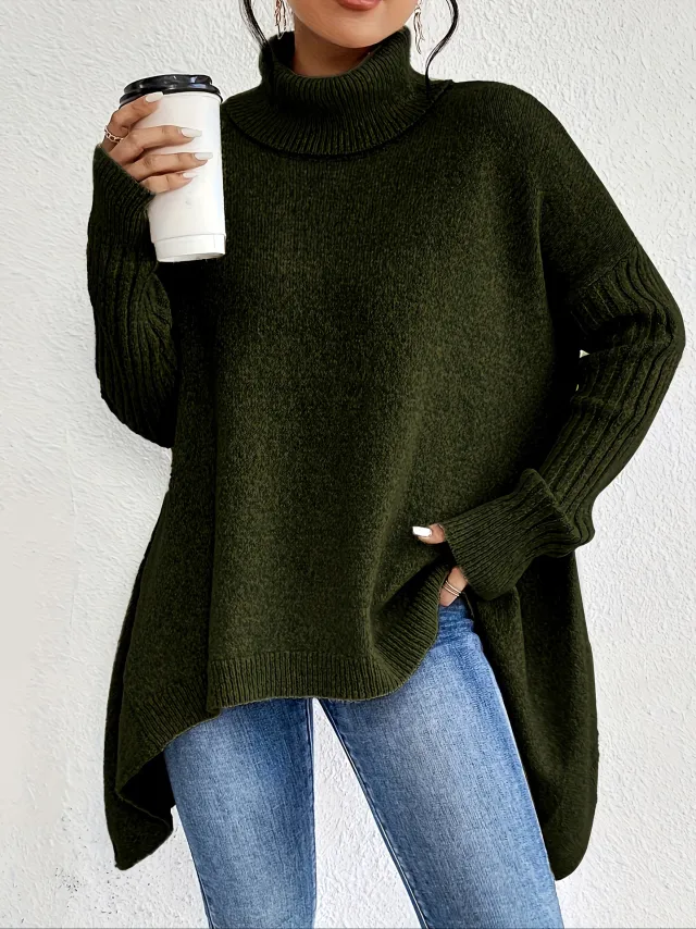 Irregular Turtleneck Sweater Winter Loose Long Sleeve Knitted Tops Leisure Warm Pullover Sweater Women's Clothing Green - Shop at LoveMi