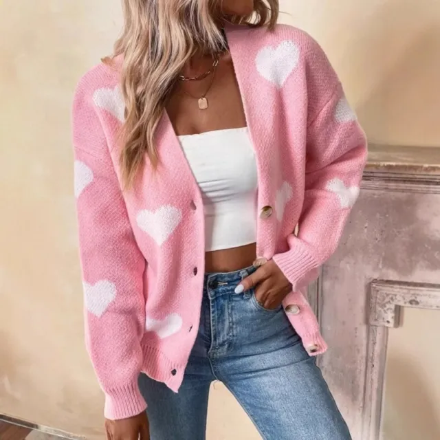 New Women's Knitted Cardigan Single breasted Flocking Love Sweater Pink - Shop at LoveMi