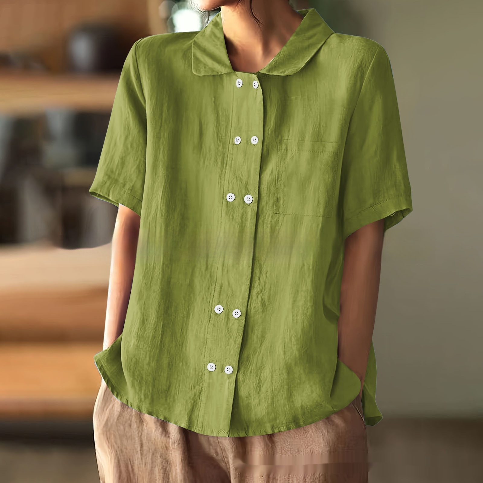 Graceful And Fashionable Solid Color Loose Double Breasted Lapel Shirt Thin