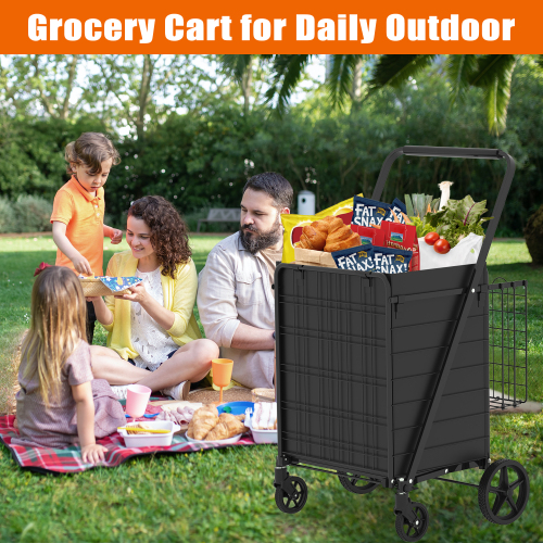 Large Shopping Cart,Grocery Cart On Wheels, Foldable Utility Shopping Carts With Double Basket And 360 Rolling Swivel Wheels For Groceries Laundry