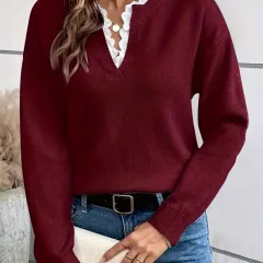 Elegant Casual V-neck Lace Commuting Thick Warm Sweater For Women Pullover Fashionable Solid Colour Loose Sweater - Red - View 1