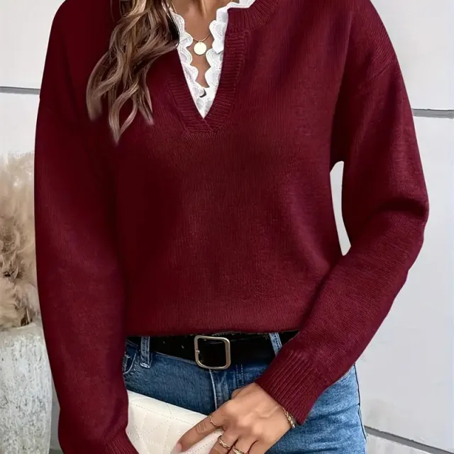 Elegant Casual V neck Lace Commuting Thick Warm Sweater For Women Pullover Fashionable Solid Color Loose Sweater Red - Shop at LoveMi