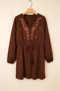 Burgundy Floral Embroidered Tassel Tie Waist Long Sleeve Mini Dress - Coffee - View 1