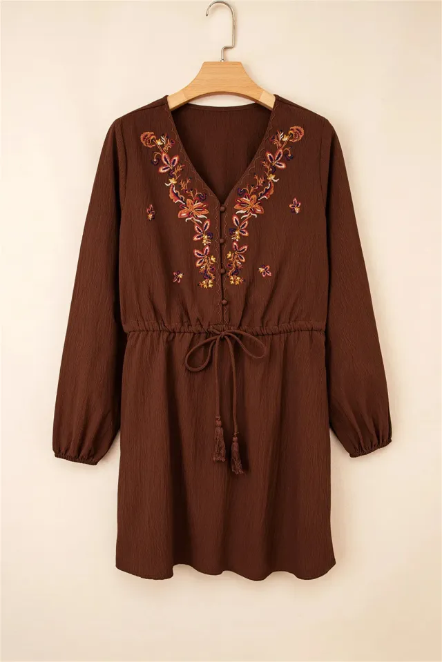 Burgundy Floral Embroidered Tassel Tie Waist Long Sleeve Mini Dress Burgundy - Shop at LoveMi