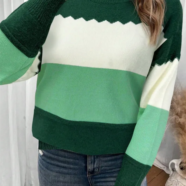 Women's Pullover Round Neck Long Sleeves Color Matching Sweater Green - Shop at LoveMi