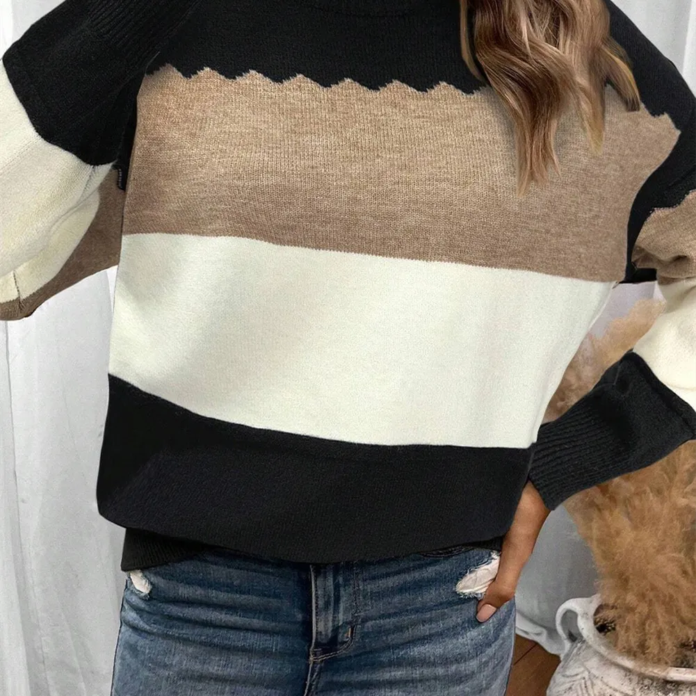 Women's Pullover Round Neck Long Sleeves Color Matching Sweater - Khaki