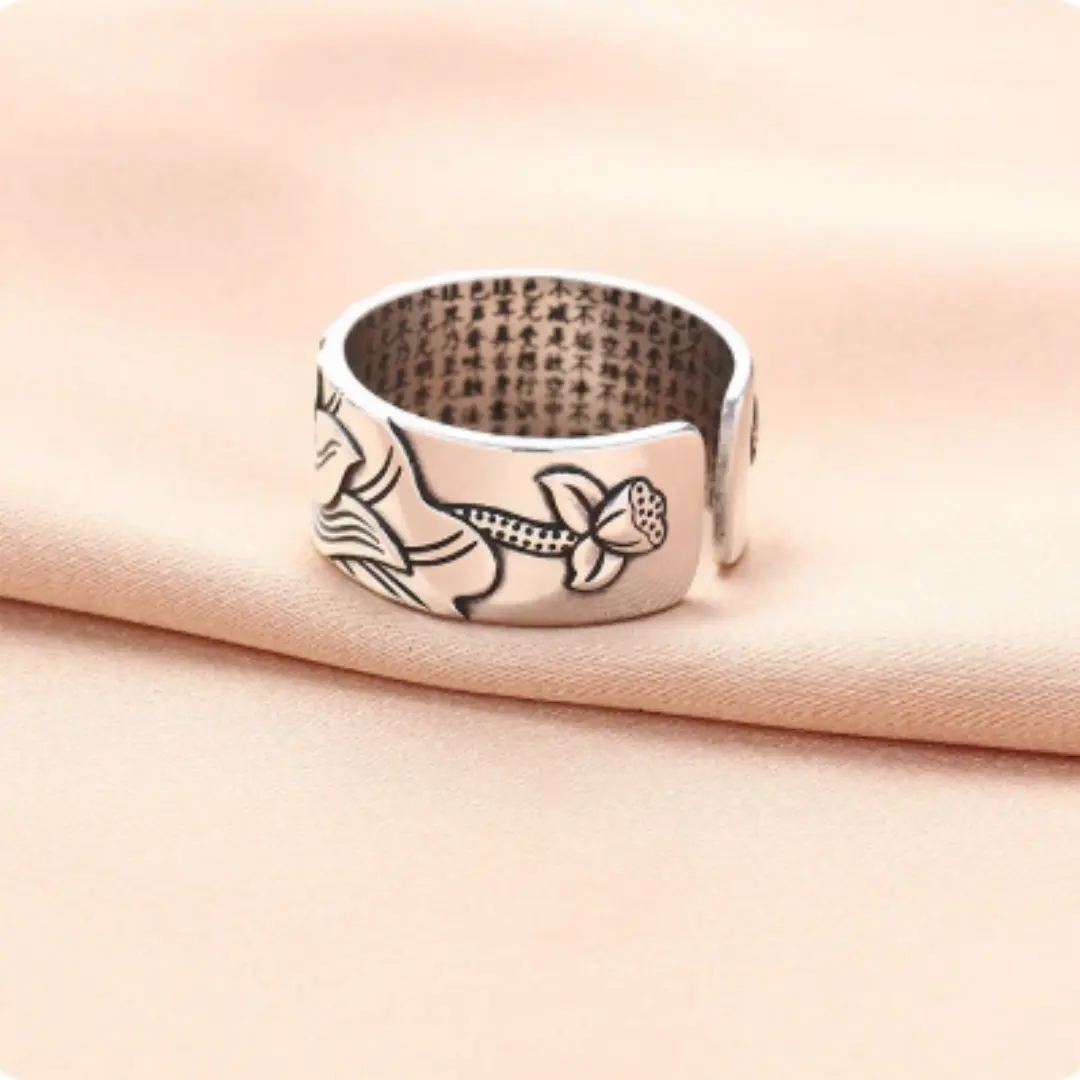 Lotus Hannya Shingyo S999 Sterling Silver Ring Antique Style