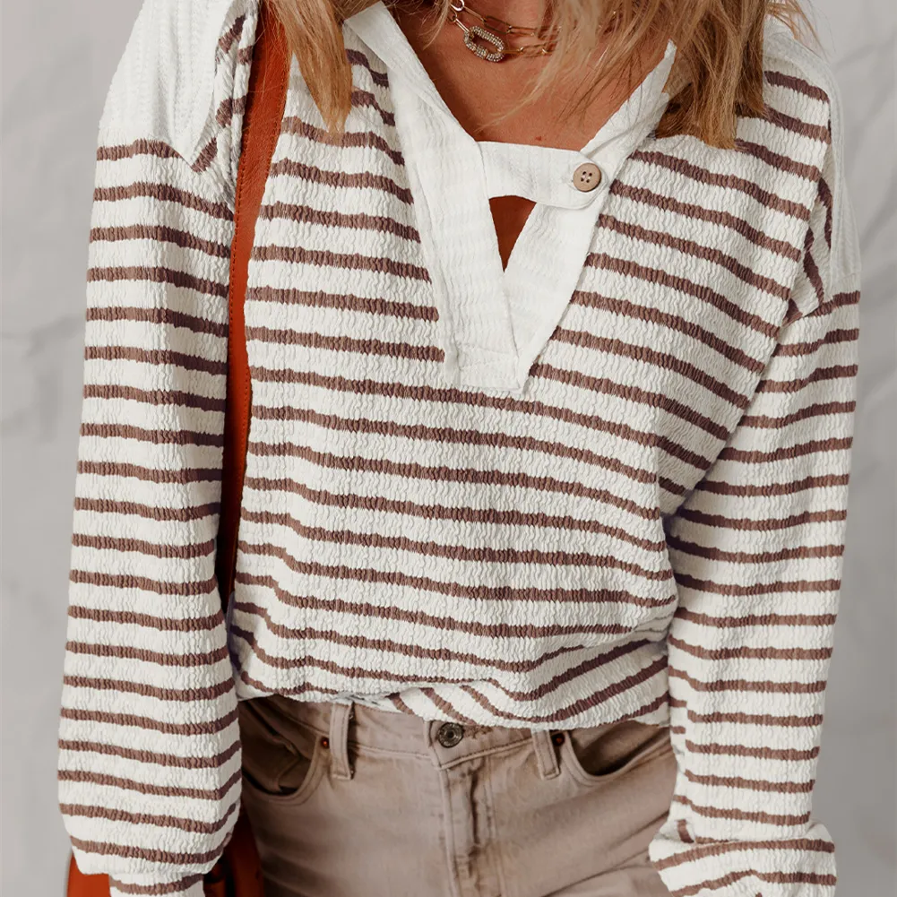 Women's Striped V-neck Long-sleeved Loose Leisure All-matching Top - Khaki Stripe
