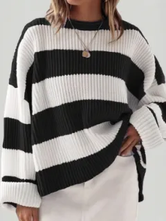 Loose Striped Sweater Fashion Casual Long Batwing Sleeve Round Neck Pullover Knit Tops Women Clothing - Black - View 1