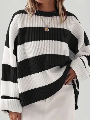 Loose Striped Sweater Fashion Casual Long Batwing Sleeve Round Neck Pullover Knit Tops Women Clothing Black - Shop at LoveMi