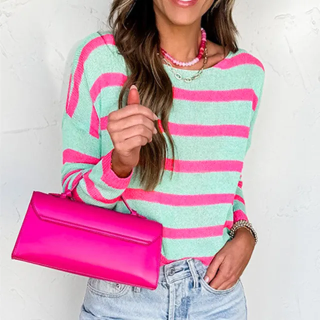 Women's Round Neck Striped Contrast Color Loose Versatile Pullover Top Green - Shop at LoveMi