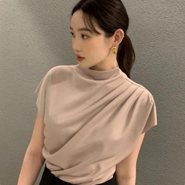 Women's Stand up Collar Oblique Pleat Unique Design Shirt Top Khaki - Shop at LoveMi