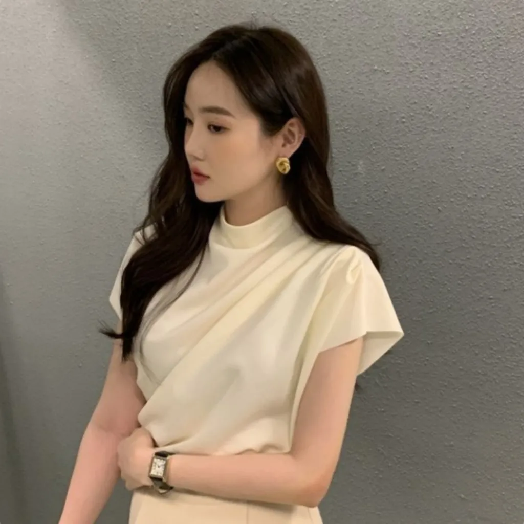 Women's Stand-up Collar Oblique Pleat Unique Design Shirt Top - Tan