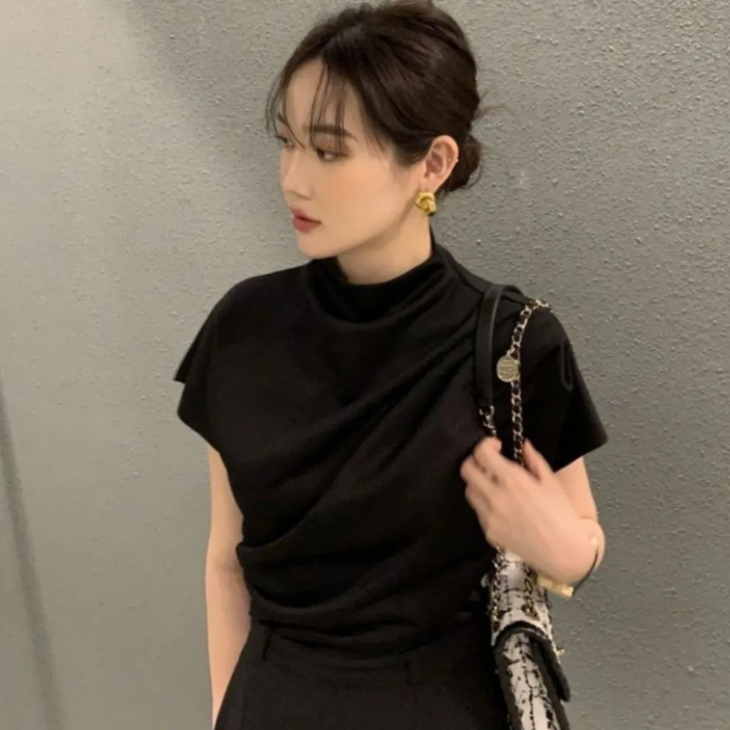 Women's Stand-up Collar Oblique Pleat Unique Design Shirt Top - Black