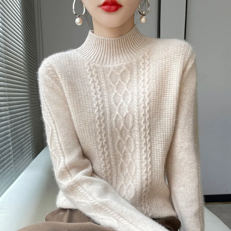 Women's Half Turtleneck Sweater Autumn And Winter New Soft Glutinous Loose Sweater - Apricot