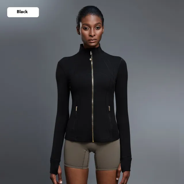 Windproof Stand Collar Yoga Clothes Running Sports Fitness Jacket Black Gold Zipper - Shop at LoveMi