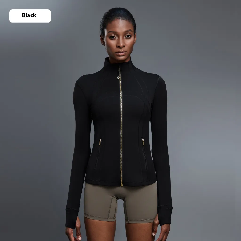 Windproof Stand Collar Yoga Clothes Running Sports Fitness Jacket - Black Gold Zipper