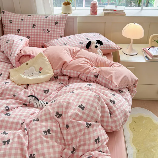 Pastoral Style Girl Floral Bunny Washed Cotton Bedding Pink Check Bow - Shop at LoveMi