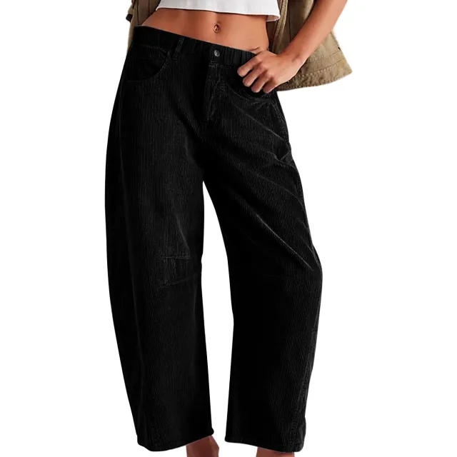 European And American Corduroy Loose Straight Trousers Women Black - Shop at LoveMi