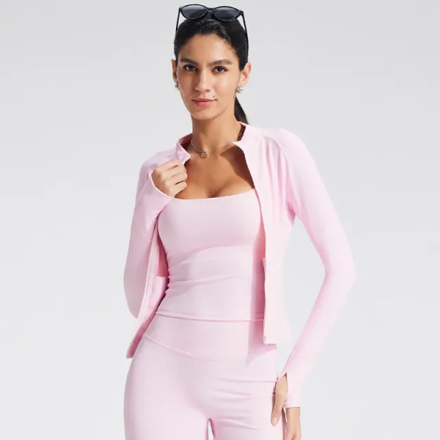 Stand Collar Long Sleeve Zipper Yoga Clothes Coat Women's Sports Fitness Jacket Pink - Shop at LoveMi