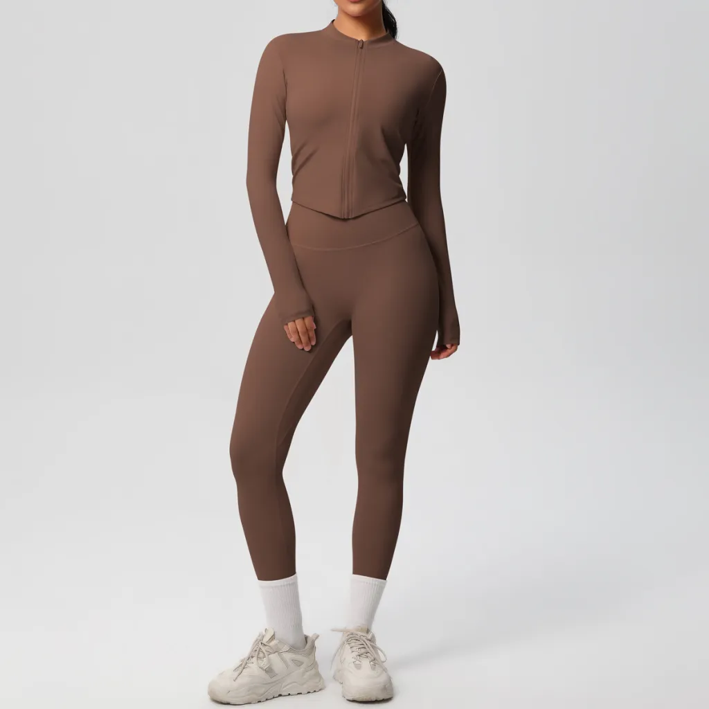 Double-sided Brushed Nude Feel Jacket Long-sleeved Suit Tight - Chestnut