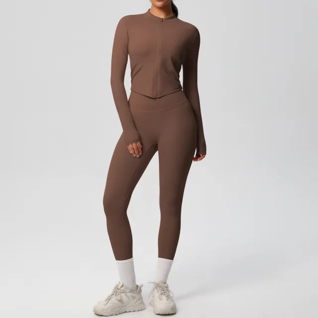 Double sided Brushed Nude Feel Jacket Long sleeved Suit Tight Chestnut - Shop at LoveMi