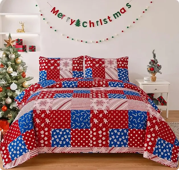 Christmas Peach Skin Fabric Bed Three piece Set Style 003 - Shop at LoveMi