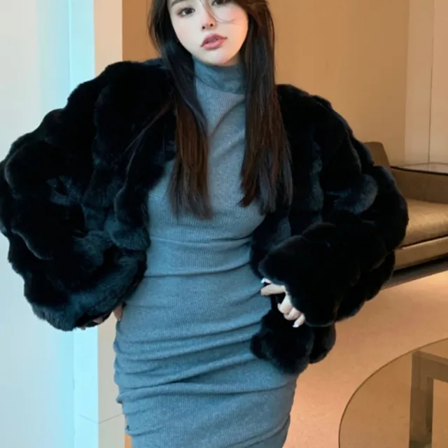 Environmental Protection Rabbit Fur Short Coat Women's Thickened Warm Black - Shop at LoveMi
