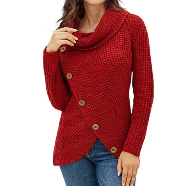 Pullover Button High Lapel Pullover Women's Sweater Red - Shop at LoveMi