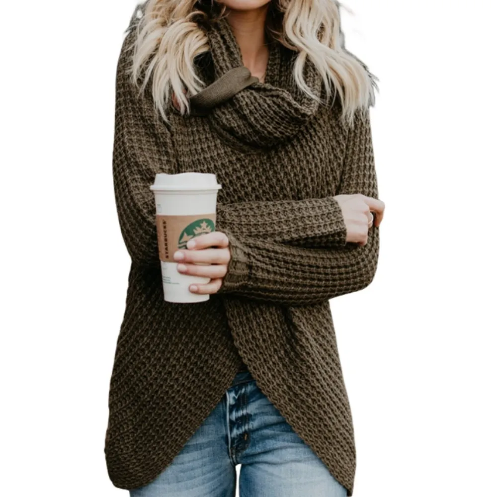 Pullover Button High Lapel Pullover Women's Sweater - Dark Brown