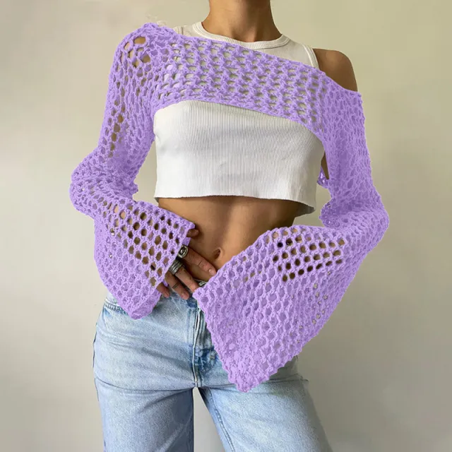 Solid Color Round Neck Long Sleeve Knitted Blouse Purple - Shop at LoveMi