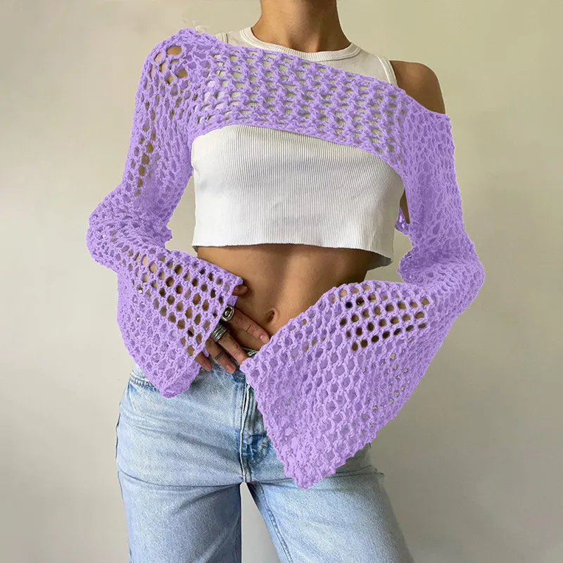 Solid Color Round Neck Long Sleeve Knitted Blouse - Purple