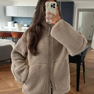 Winter Lapel Zip-up Coat With Pockets Casual Fashion Solid Fleece Jacket Fall Spring Long Sleeve Women's Clothing - Light Brown