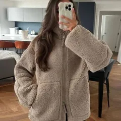 Winter Lapel Zip-up Coat With Pockets Casual Fashion Solid Fleece Jacket Fall Spring Long Sleeve Women's Clothing - Light Brown - View 1