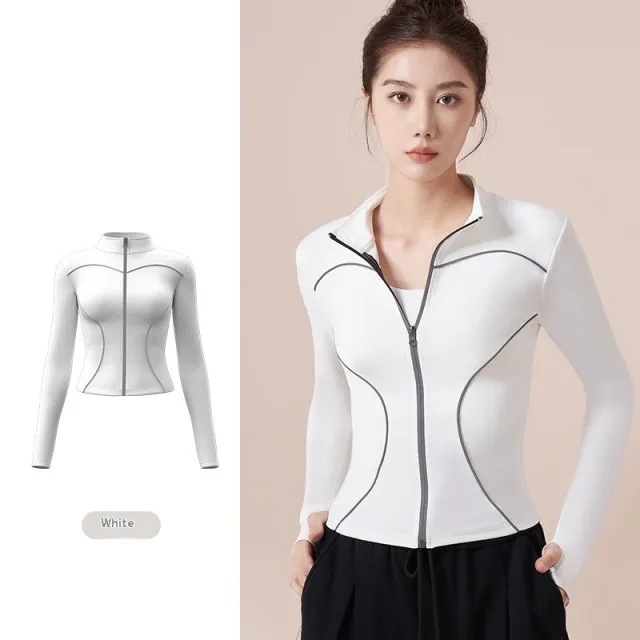 Reflective Motion Outdoor Casual Stand Collar Windproof Yoga Jacket For Women Tan - Shop at LoveMi