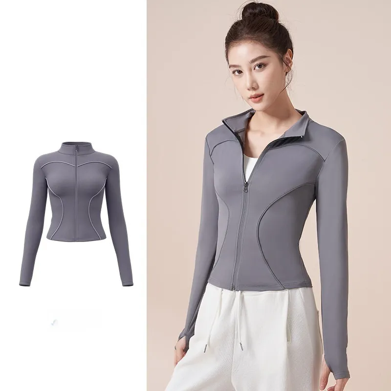Reflective Motion Outdoor Casual Stand Collar Windproof Yoga Jacket For Women - Sea Rock Gray