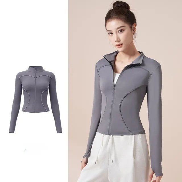 Reflective Motion Outdoor Casual Stand Collar Windproof Yoga Jacket For Women Sea Rock Gray - Shop at LoveMi
