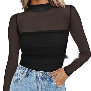 Pure Color Half Collar Mesh Stitching Sexy Top Black - Shop at LoveMi