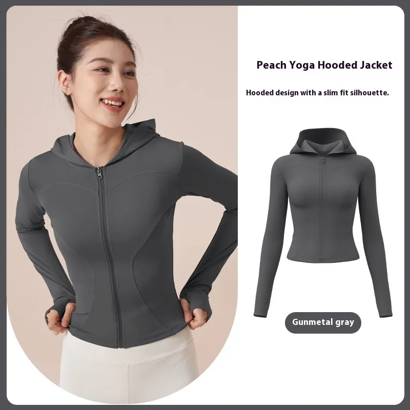 Hooded Yoga Jacket Women's Slim Slimming Windproof Running Cycling - Gray