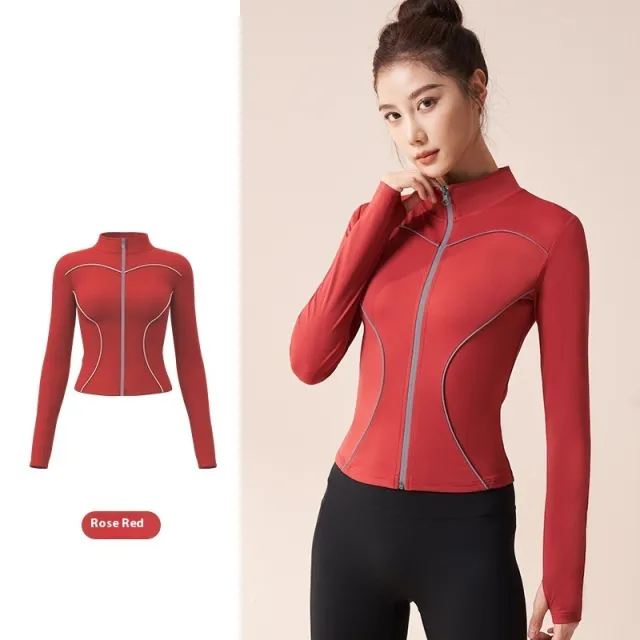 Reflective Motion Outdoor Casual Stand Collar Windproof Yoga Jacket For Women Rose Red - Shop at LoveMi