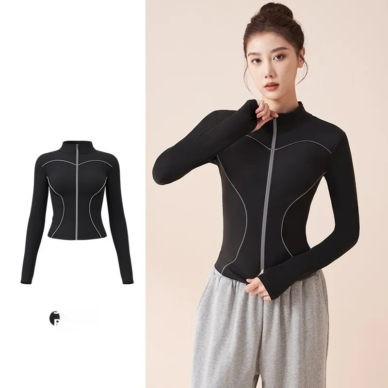 Reflective Motion Outdoor Casual Stand Collar Windproof Yoga Jacket For Women - Black