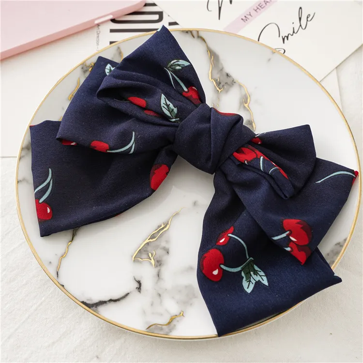 Oversized Chiffon Lady Updo Fabric Spring Bow Barrettes - Navy Blue