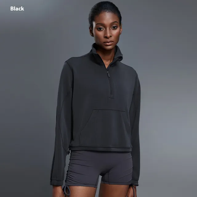 Half Zipped Stand Collar Short Sports Casual Loose Shoulder Long sleeved Sweater Black - Shop at LoveMi